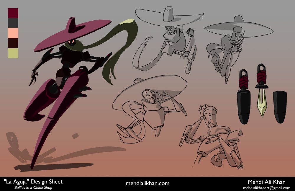 A character design page for "La Aguja", a bandit knife-wielding character from an animatic about robots in the wild west, called "Bullies in a China Shop". The page features one large color illustration and 4 black and white gesture sketches, as well as a color prop detail of the character's throwing knives.