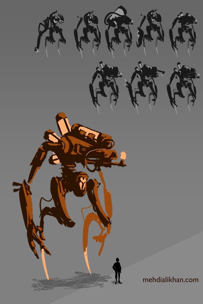 thumbnails and sketch of a speedy flamethrower combat walker