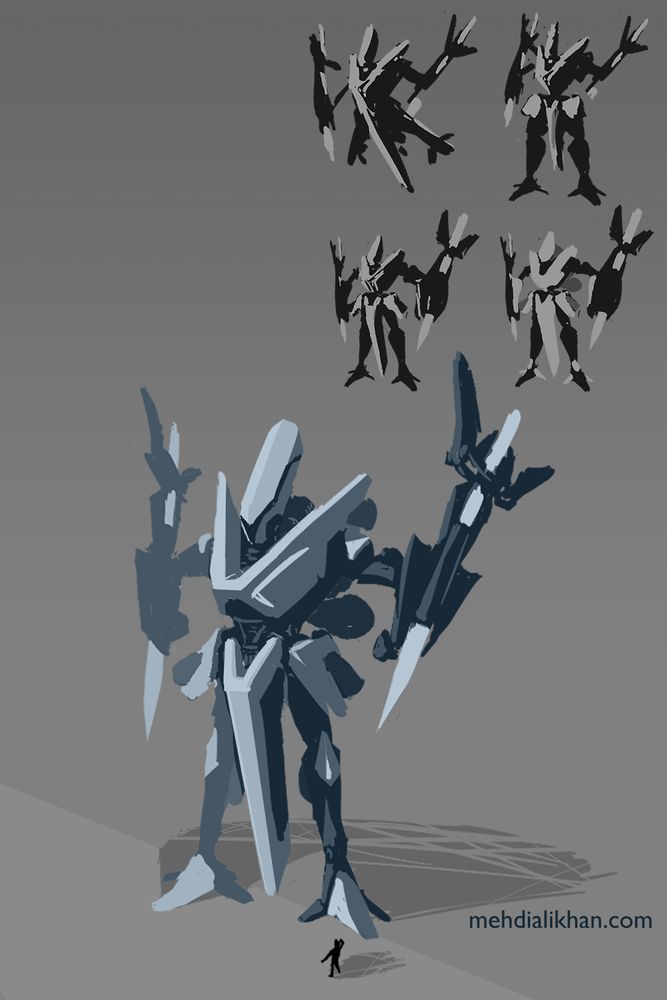 Thumbnails and sketch of speedy ice pile-driver mecha