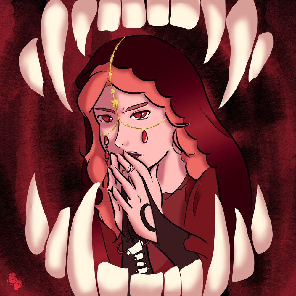 Siobhan  praying in the jaws of a unknown beast 
OC by @yellghoul.bsky.social‬
