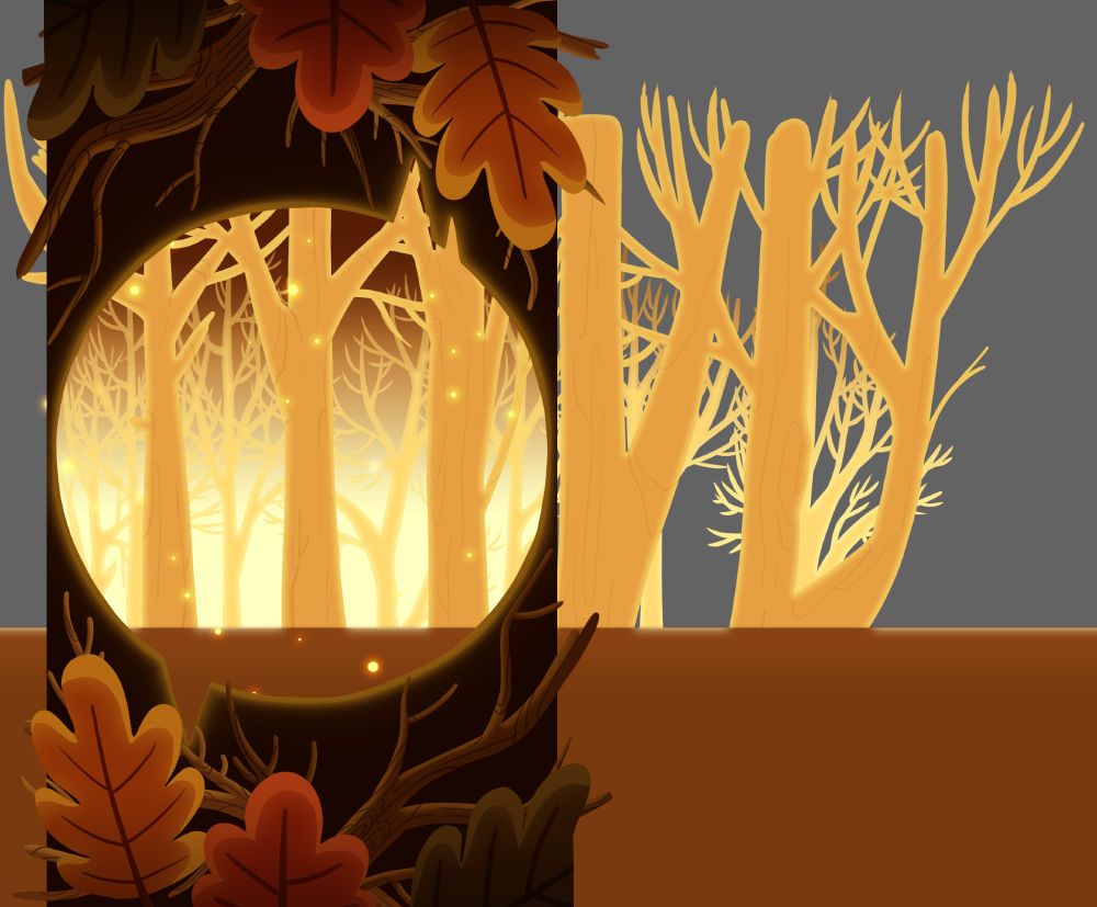 a work-in-progress image of the background for the over the garden wall animation, including the frame that surrounds the video on the left. The frame has a circular cutout for the characters to be seen, and surrounding the top and bottom of the frame are 6 leaves, 3 per side- one brown, one orange, and one gold, with 2 branches behind them. across the whole image are golden trees and an brown-orange floor, meant to move behind the characters as they walk