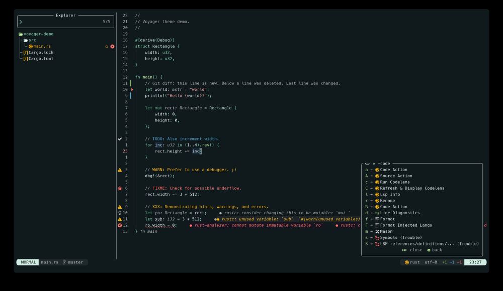An example of the Voyager theme for Neovim. It shows the Neovim editor with a Rust file loaded, the file explorer open to the left, and LazyVim menu.