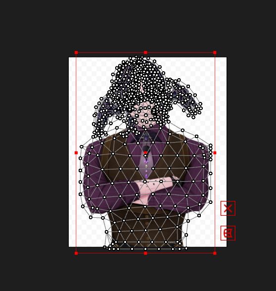 A screenshot of the Animation Program Live2d showing a new PNG of Noirven Kaeland, his face obscured by numerous dots that indicate the meeting points of vertices in the Program. 