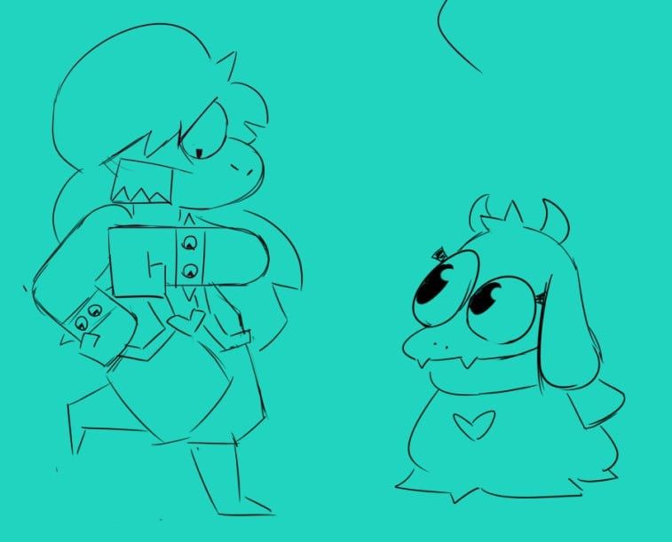 A more fleshed-out sketch of Susie and Ralsei for the animation. Susie and Ralsei are waiting for Kris. Ralsei is sitting to the right, and susie is leaning on the wall, looking angry, looking at her spiky bracelet like a wrist watch