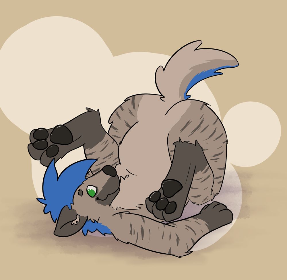 A stripey hyena (Ellie!) laying curled over on their back, so their butt and paws are very visible. They're looking at the viewer playfully!  