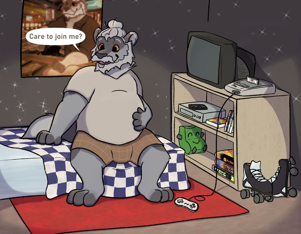 A big ol' foxbear friend sitting on a mattress in a cosy room  asking "Care to join me?"
There's a shelf with a crt tv, a SNES with "FoxFox VI", a VCR, a VHS of the lion king and various PS2 games and books, along with a pair of rollerskates.