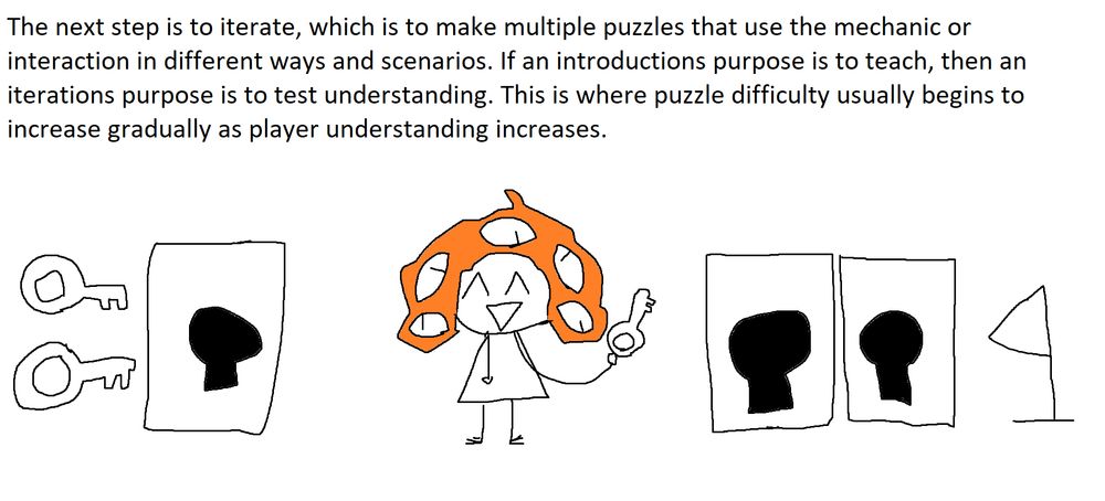 The next step is to iterate, which is to make multiple puzzles that use the mechanic or interaction in different ways and scenarios. If an introductions purpose is to teach, then an iterations purpose is to test understanding. This is where puzzle difficulty usually begins to increase gradually as player understanding increases.