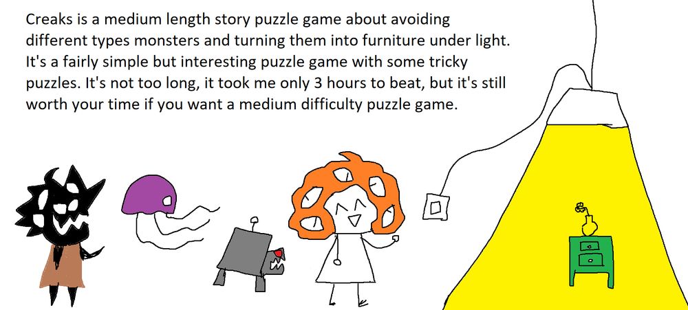 Creaks is a medium length story puzzle game about avoiding different types of monsters and turning them into furniture under light. It's a fairly simple but interesting  puzzle game with some tricky puzzles. It's not too long, it took me only 3 hours to beat, but it's still worth your time if you want a medium difficulty puzzle game.