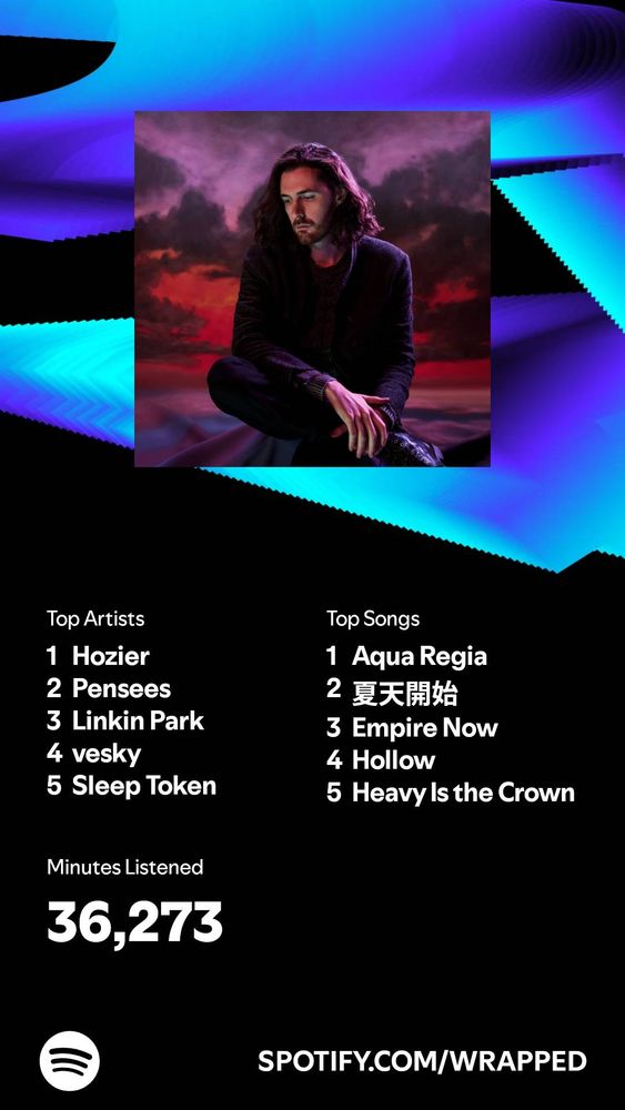 Spotify wrapped
Top artists 
1. Hozier (top 2% listener, how the fuck?)
2. Pensees
3. Linkin Park
4. vesky 
5. Sleep token 

Top Songs 
1. Aqua regua (top 0.1 listener HOW)
2. a song by No Party for Cao Dong, maybe Lonely Leary in English but I cannot read Mandarin
3. Empire Now
4. Hollow 
5. Heavy is the Crown