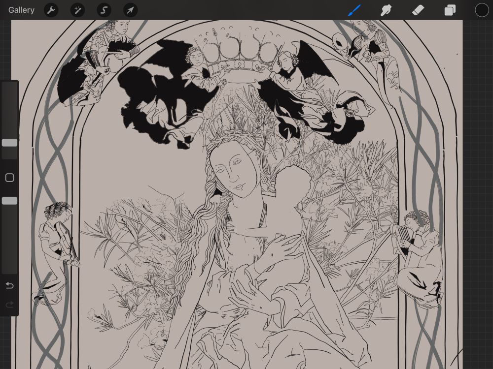A work in progress paraphrase of Schongauer’s Mary in the Rose Arbour which is a way too intricate linework for my own good, it has oleanders on it instead of roses
