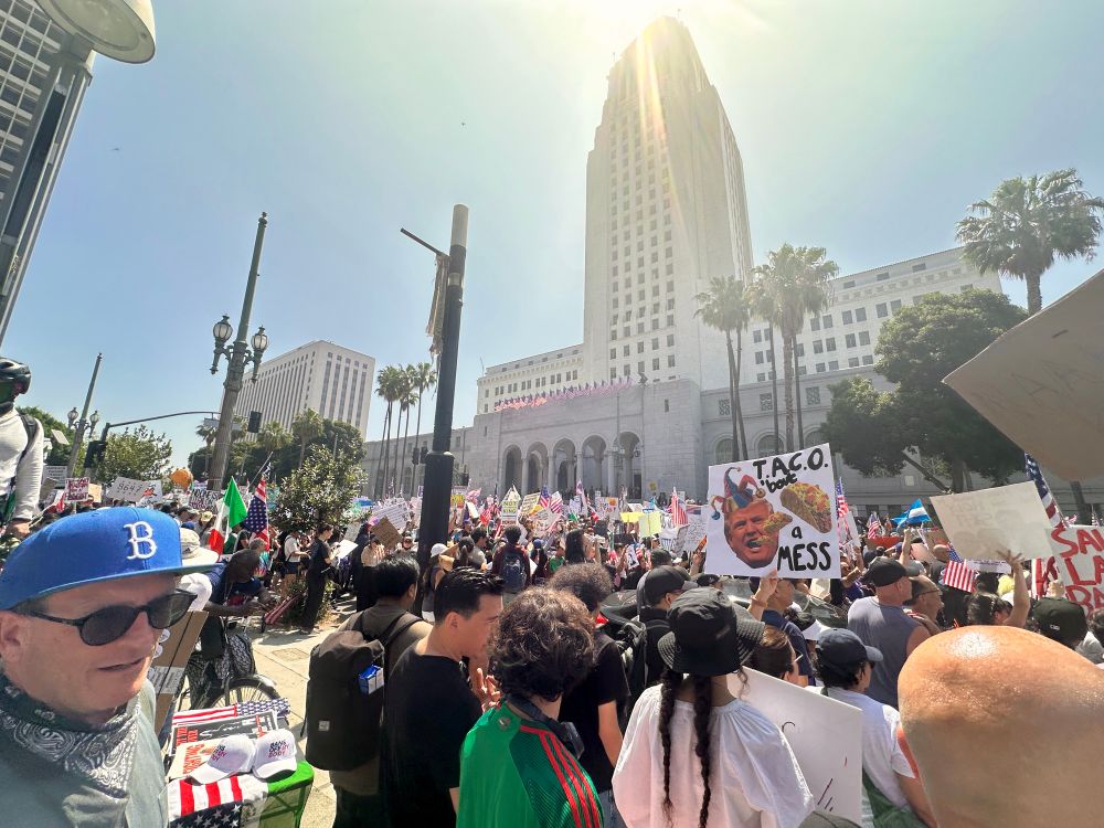 Scenes from today’s No Kings protest at city hall in Los Angeles.