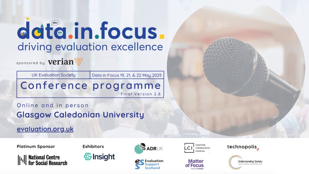 data.in.focus. driving evaluation excellence

UK Evaluation Society
Data in Focus 19, 21 & 22 May 2025

Conference programme
Final Version 2.8

Online and in person
Glasgow Caledonian University

evaluation.org.uk