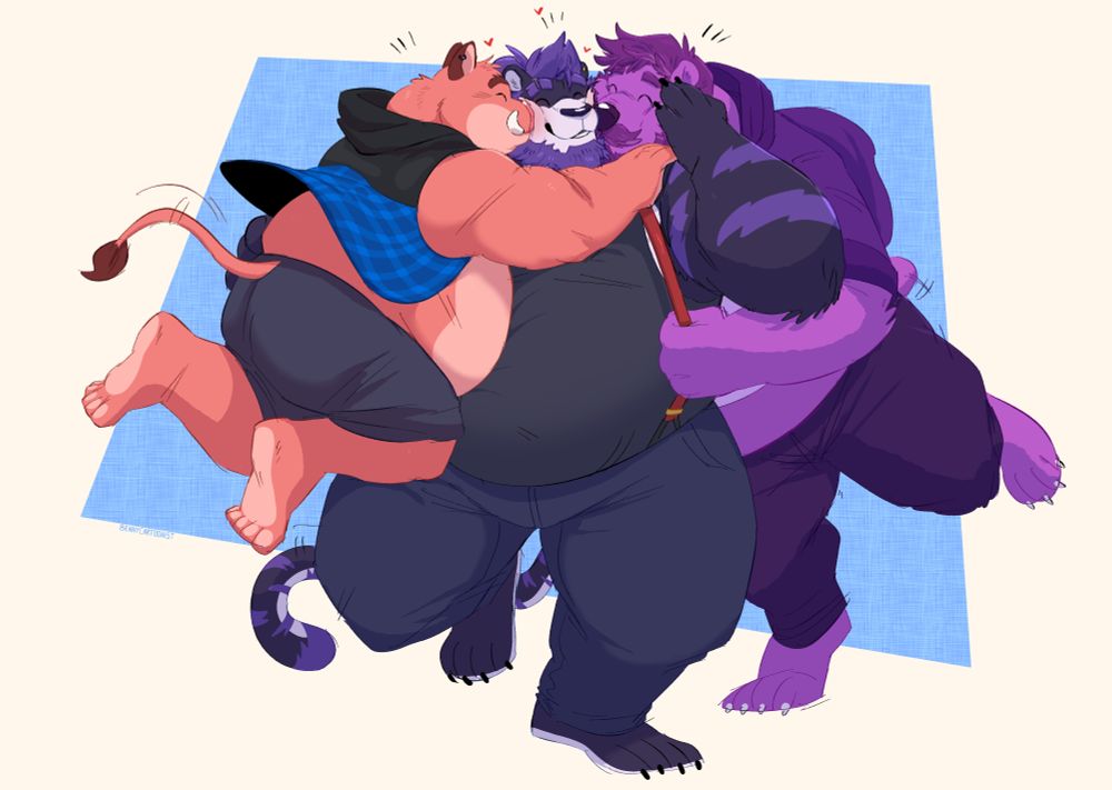 Big violet tiger getting kissed from both sides from his big bear and boar boyfriends <3