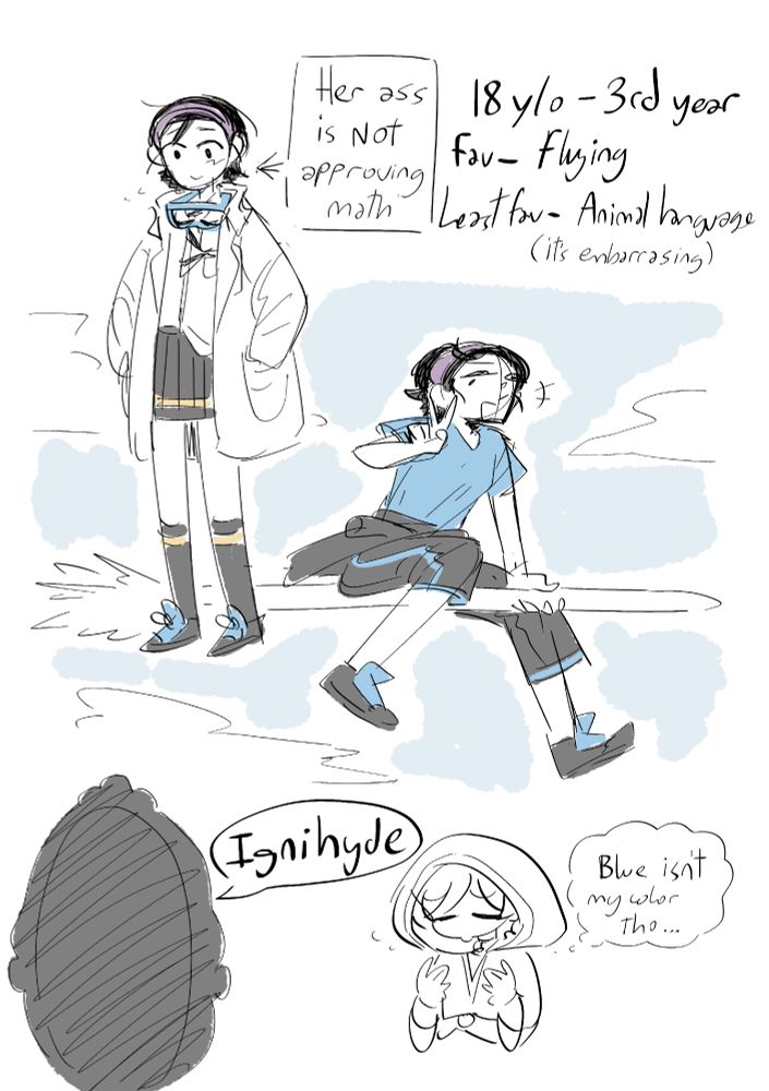 two full bodies sketches of the same girl. on the left there is a sign pointing at the girl saying "Her ass is NOT approving math" and at the right of it it says "18 y/o- 3rd year. Fav- flying. Least fav- animal language (it's embarrassing)".
below the drawings there is a bust doodle of a mirror saying to the girl "Ignihyde" and the girl thinking "Blue isn't my color tho..."