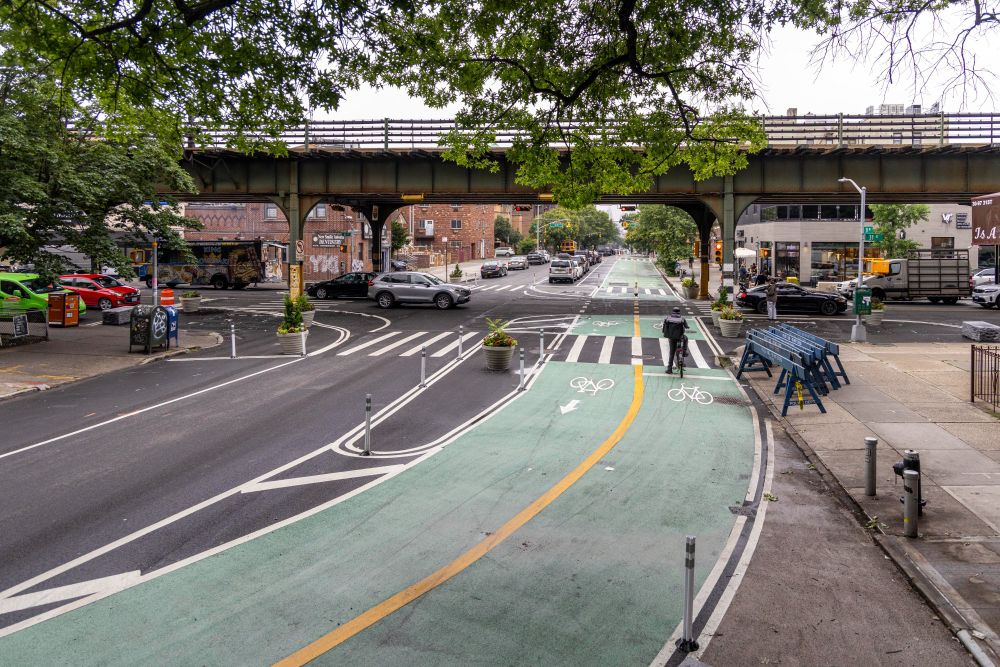 The newly designed 31st Avenue and 31st Street, as it was being installed this spring, showing two-way cycling connections and yet-to-be-painted sidewalk extensions. 