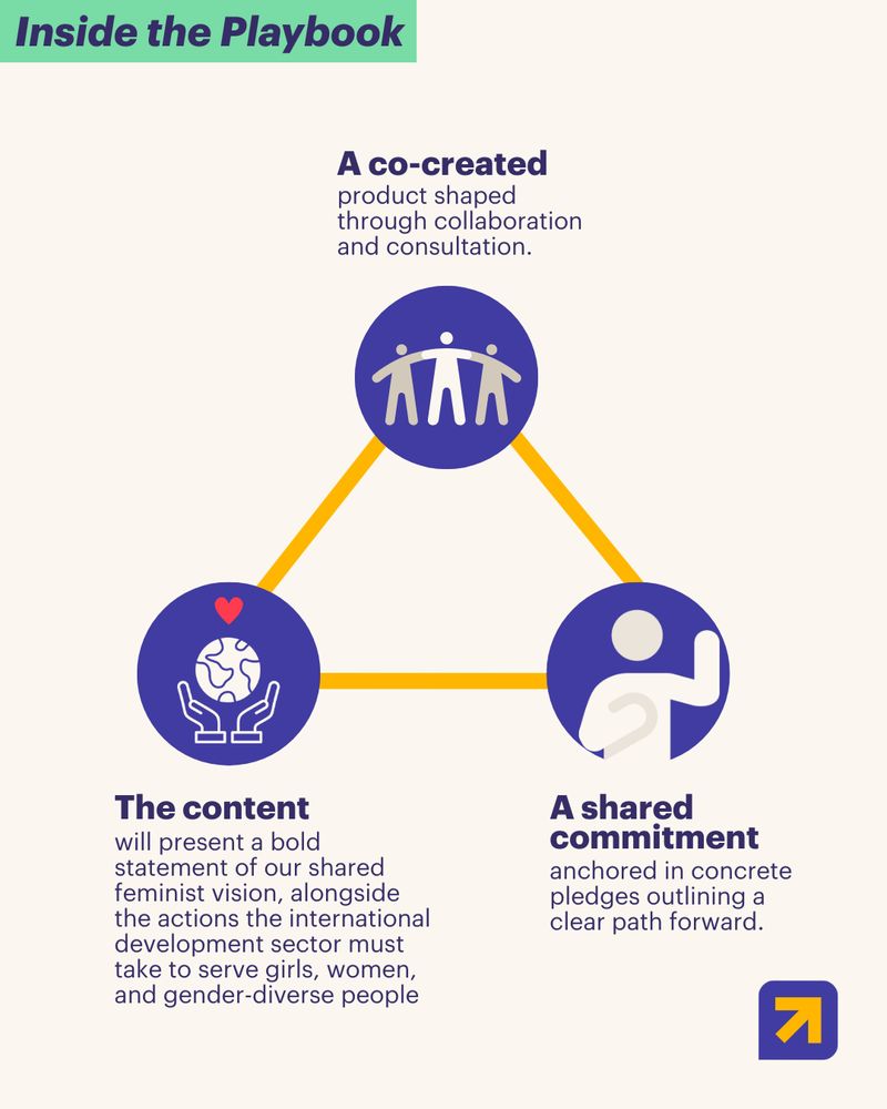A beige-colored graphic with a mint title bar at the top that reads "Inside the Playbook." Below the title, a triangle formed by three yellow lines connects three indigo-purple circular icons. The top icon depicts a group of three stylized people holding hands, with the text above it reading "A co-created product shaped through collaboration and consultation." The bottom-left icon shows a pair of hands cradling a globe with a red heart on top, with the text below it reading "The content will present a bold statement of our shared feminist vision, alongside the actions the international development sector must take to serve girls, women, and gender-diverse people." The bottom-right icon is a stylized person with their left arm raised in a fist and their right arm on their heart, with the text below it reading "A shared commitment anchored in concrete pledges outlining a clear path forward." The Women Deliver logo is in the bottom right corner.