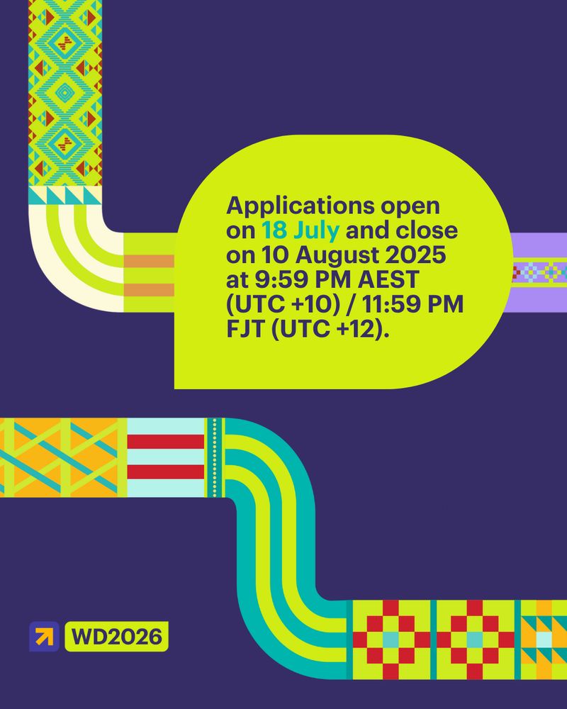 The same indigo background continues. A bold lime green speech bubble at center right reads:“Applications open on 18 July and close on 10 August 2025 at 9:59 PM AEST (UTC +10) / 11:59 PM FJT (UTC +12).”The bubble overlaps with a thick arrow made of curved bands in yellow, mint, red, and purple. The curved arrow is filled with traditional Oceanic Pacific weave patterns, including diamonds, chevrons, and intersecting squares. Patterns with red dots and dotted lines appear along the arrow’s path and indicate Narrm-specific design elements.