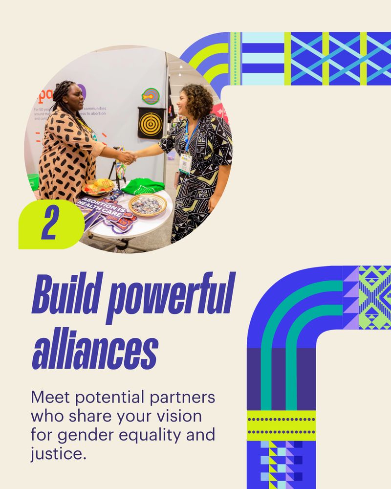 Cream background with a circular photo of two people shaking hands across a display table filled with cultural items. A lime badge with the number “2” appears beside it. Purple headline reads: “Build powerful alliances,” followed by text: “Meet potential partners who share your vision for gender equality and justice.” The image is accented with colorful Narrm-style curves and geometric patterns in blue, green, and yellow.
