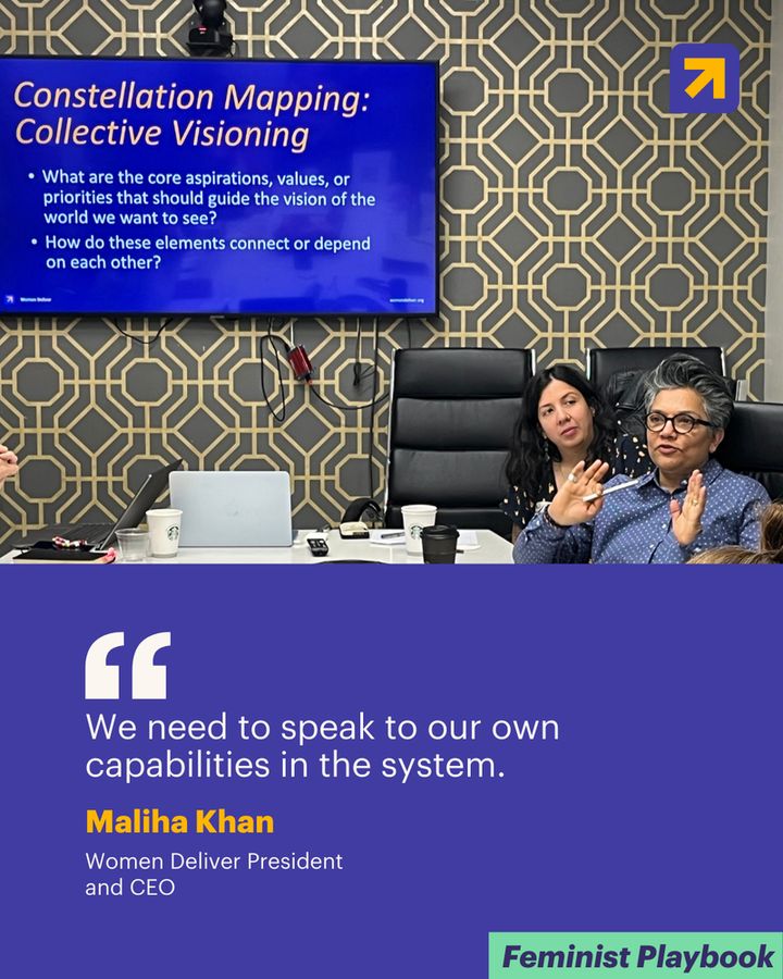 A two-part image from a workshop. The top half shows two women seated at a table, looking at a monitor that displays the title "Constellation Mapping: Collective Visioning" and two bullet points. The bottom half of the image has a dark indigo-purple background with a large white quotation mark and a quote that reads, "We need to speak to our own capabilities in the system." Below the quote, the name and title "Maliha Khan, Women Deliver President and CEO" are in yellow and white text. A mint-green box in the bottom-right corner reads, "Feminist Playbook."
