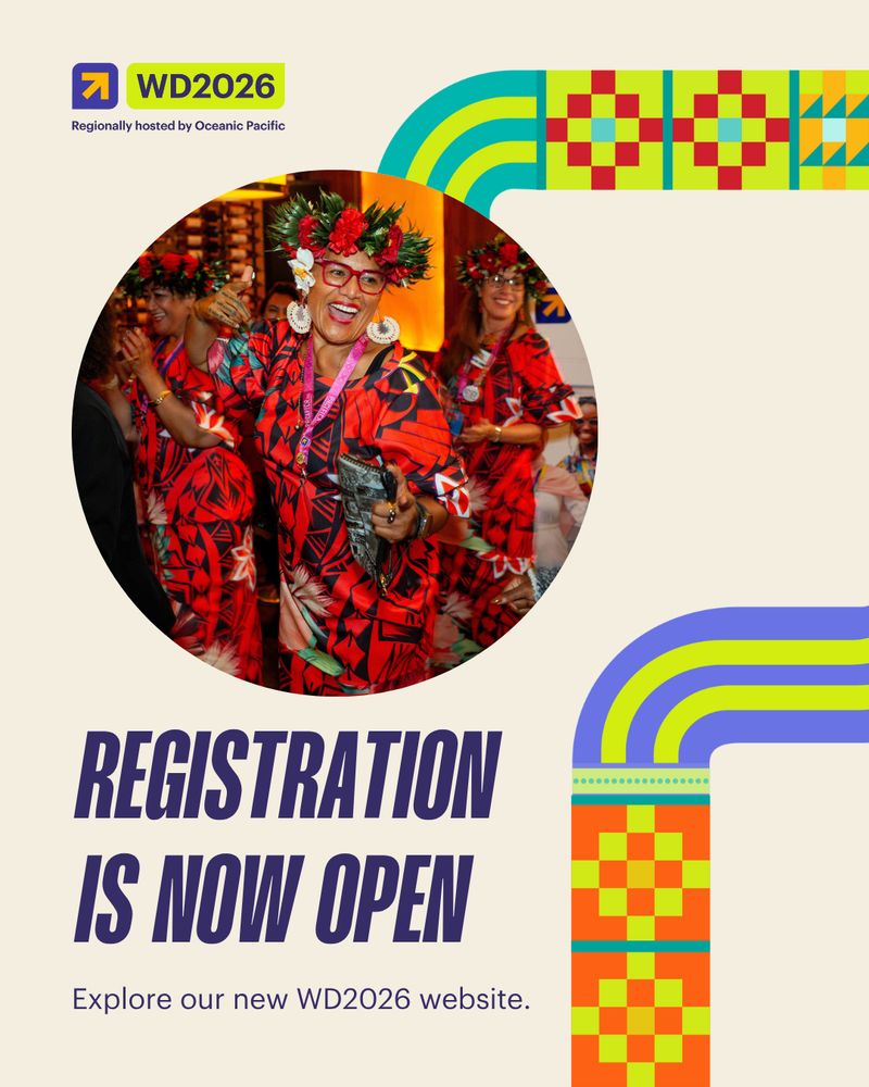 A digital graphic with a beige background and curves with teal, yellow, red, and purple colors that feature weave patterns from the Oceanic Pacific region. The patterns include square motifs in red and yellow and line breakers with circular forms that represent Narrm, the conference’s host country. A circular photo features women from P.A.C.I.F.I.C.A. Incorporated, a national NGO for Pacific women in Aotearoa New Zealand. They are wearing a puletasi, a traditional Samoan woman’s garment consisting of a fitted blouse and a long matching skirt. They are smiling and dancing. Below the image, bold purple text reads: “REGISTRATION IS NOW OPEN.” Smaller text below says: “Explore our new WD2026 website.” The WD2026 logo appears in the top left.