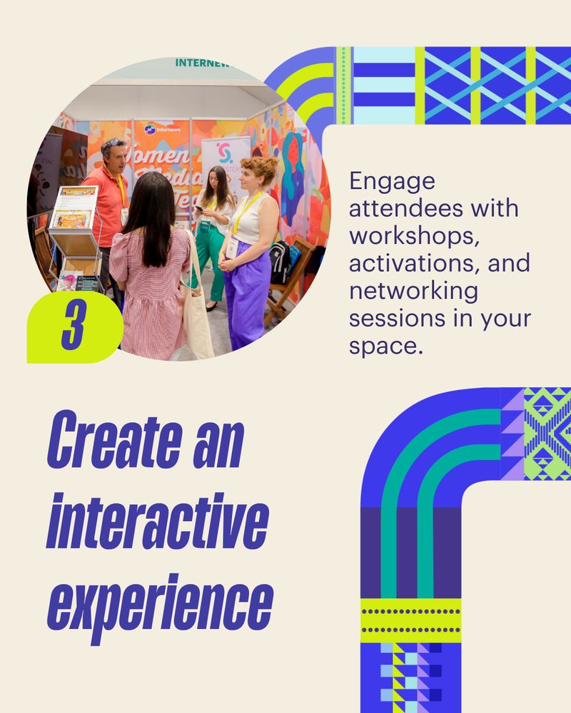 Cream background with a circular photo showing people engaging in conversation around an exhibition booth labeled “Women Enabled.” A lime badge with the number “3” appears beside it. Purple headline reads: “Create an interactive experience,” followed by text: “Engage attendees with workshops, activations, and networking sessions in your space.” The layout includes curved lines and traditional Oceanic-inspired designs in blue, teal, and yellow.