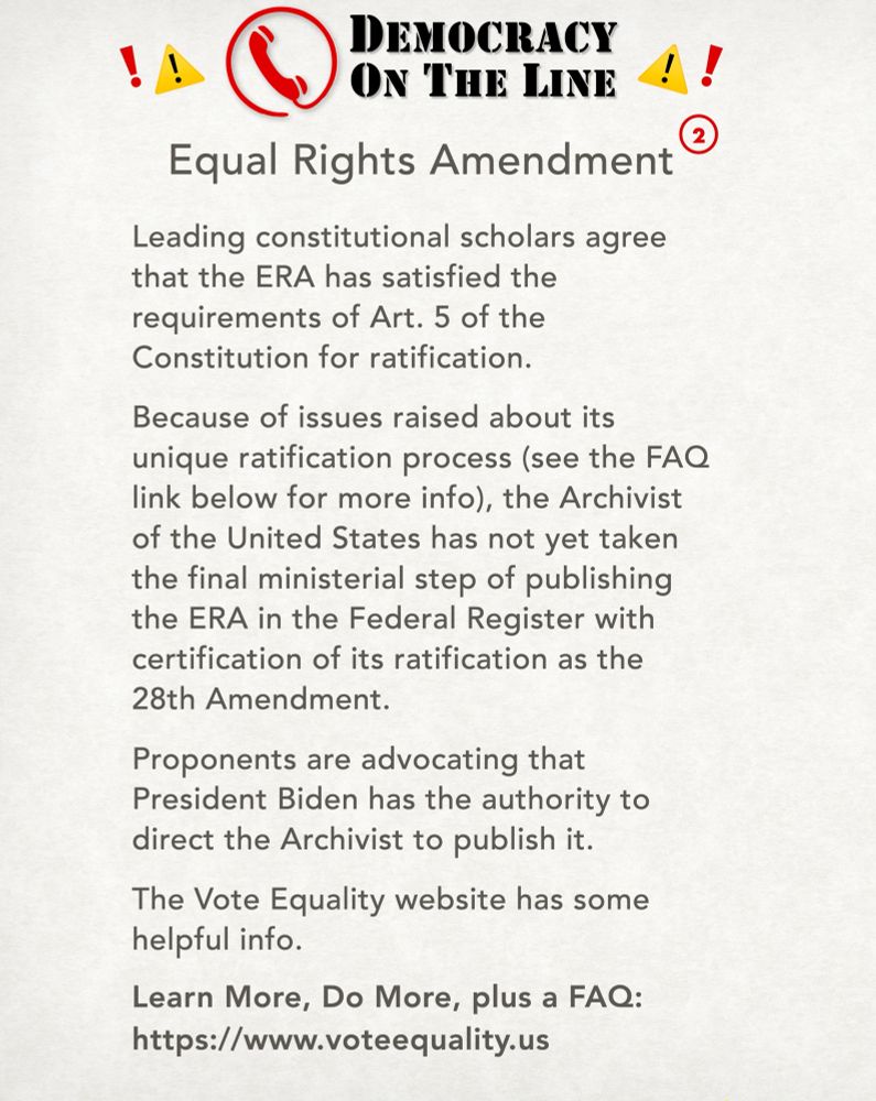 Leading constitutional scholars agree that the ERA has satisfied the requirements of Art. 5 of the Constitution for ratification.
Because of issues raised about its unique ratification process (see the FAQ link below for more info), the Archivist of the United States has not yet taken the final ministerial step of publishing the ERA in the Federal Register with certification of its ratification as the 28th Amendment.
Proponents are advocating that President Biden has the authority to direct the Archivist to publish it.
The Vote Equality website has some helpful info.
Learn More, Do More, plus a FAQ:
https://www.voteequality.us