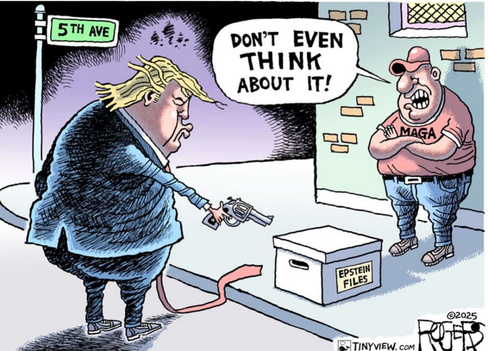 Political cartoon: Trump pointing a gun at a box labeled “Epstein files,” on fifth Avenue, with a MAGA supporter saying “don’t even think about it!”