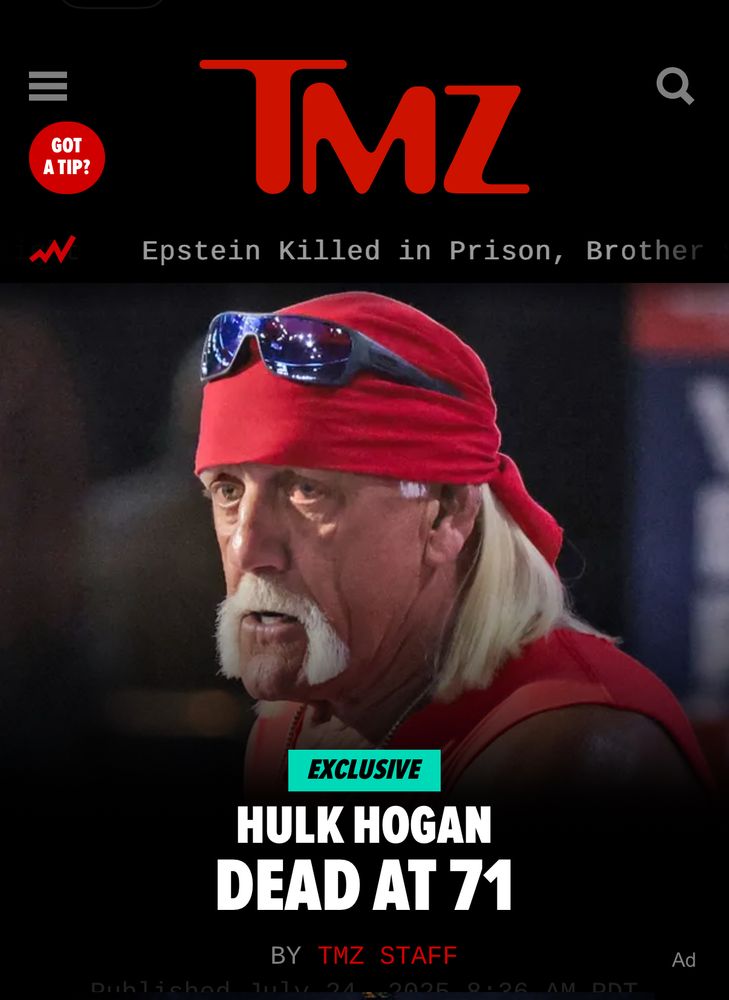 The TMZ front page showing Hilk Hogan Dead at 71 screen capped so the crawl facilitates the joke in the text of this post. 