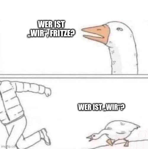 Meme Nahaufnahme einer Gans, die fragt: Wer ist „wir“, Fritze. Dann von etwas weiter weg erkennt man, dass die Gans eine Person jagt. Sie wiederholt: Wer ist „wir“?