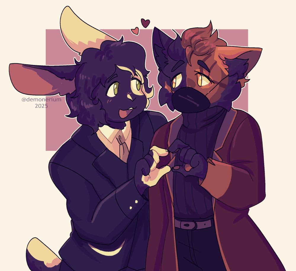A drawing of two anthro characters, a rabbit and a calico cat, making a heart gesture with their hands/paws.