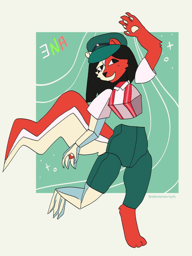 An illustration of ENA from ENA Dream BBQ on a green background, drawn as an anthropomorphic skunk.