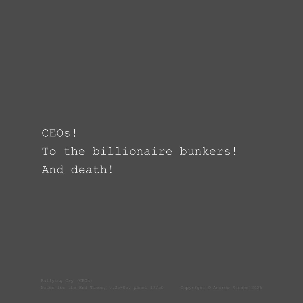 'Rallying Cry (CEOs)'.
Panel 17 of 50 from the graphic/text work 'Notes for the End Times'
May 2025 online version.
Copyright © Andrew Stones 2025.
Square format panel. Grey background with white typewriter script, reading:
"CEOs!
To the billionaire bunkers!
And death!"