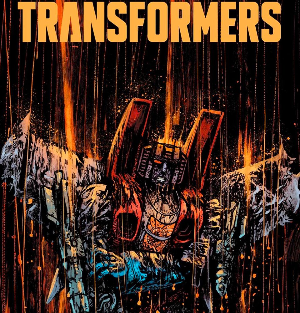 Illustration of a damaged, red white and blue robot with wings in the rain against a black background, with the word Transformers in block yellow letters on top