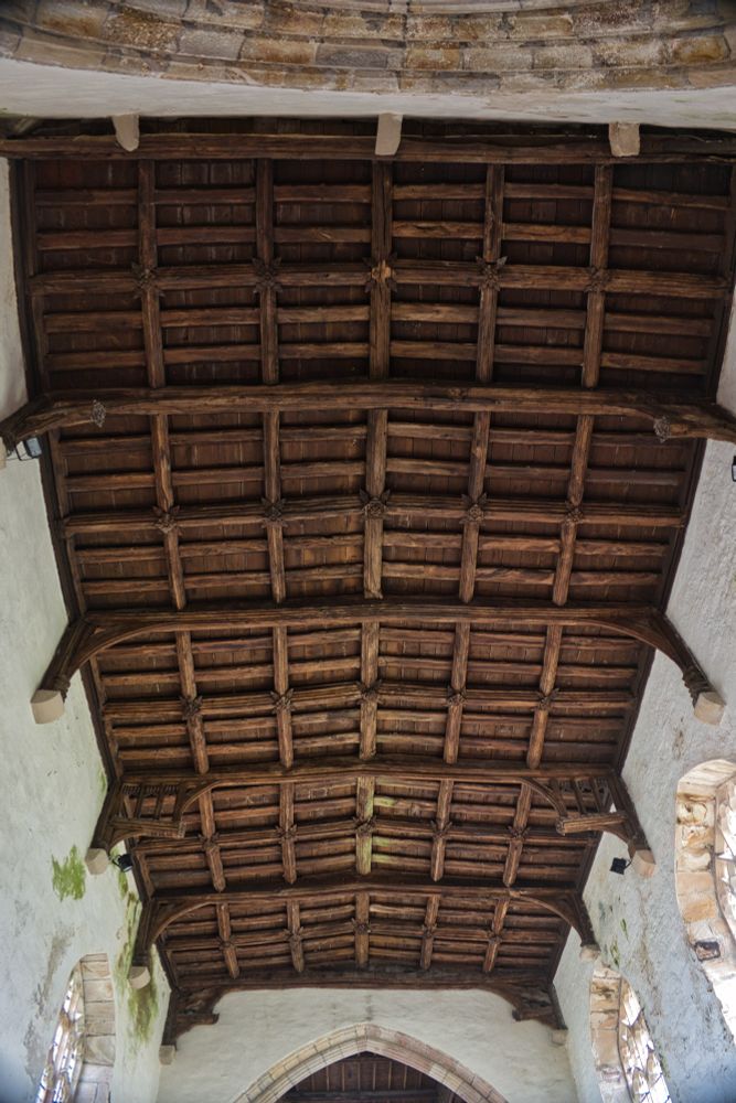 The wooden ceiling in the nave of Bueno's church