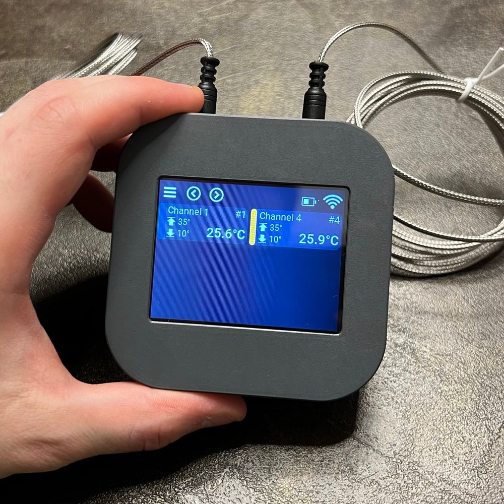 BBQ smart thermometer in hand. It has two connected temperature probes. In colored screen lists two readings from the probes.