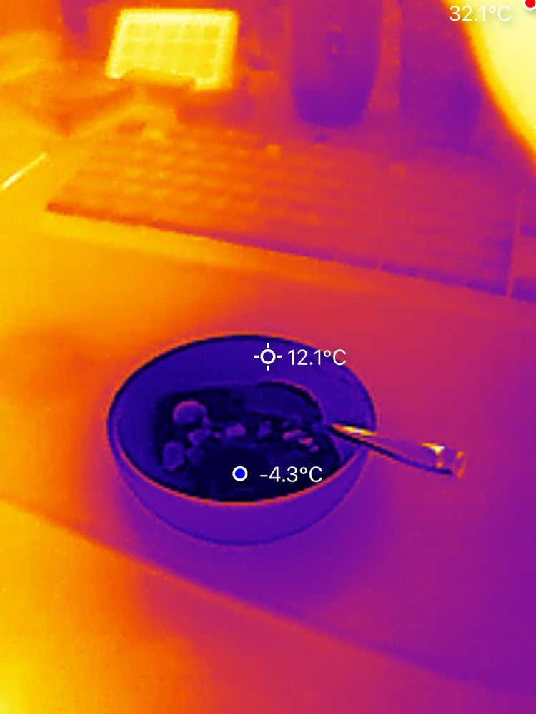 Thermal image of ice cream in a cup with a spoon. The cup is sitting on the table. Ice cream temperature reading as -4.3 Celsius and cup reading as 12.1 Celsius.