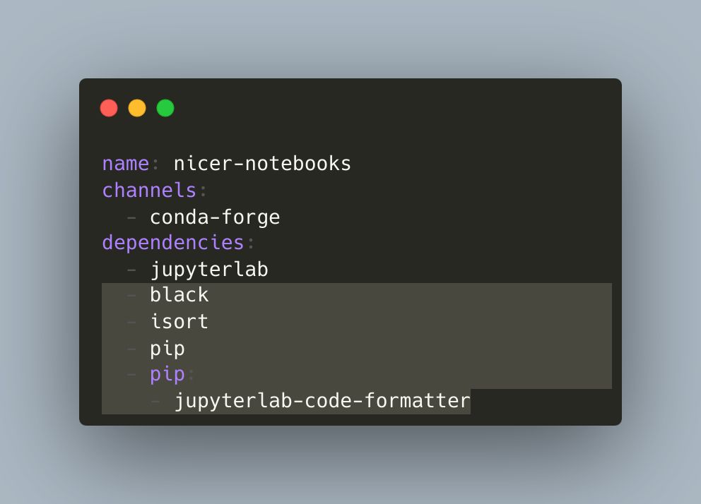 environment.yml containing the dependencies: black, isort, and jupyterlab-code-formatter