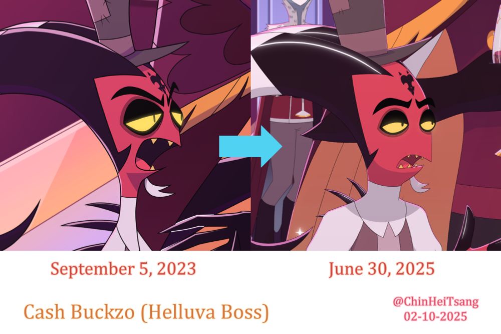 You can take a look at my Cash Buckzo artwork.

The image on the left is a Cash Buckzo artwork from September 5, 2023.

The image on the right is a Cash Buckzo artwork from June 30, 2025.

The evolution of my Cash Buckzo art style (Helluva Boss) 02-10-2025