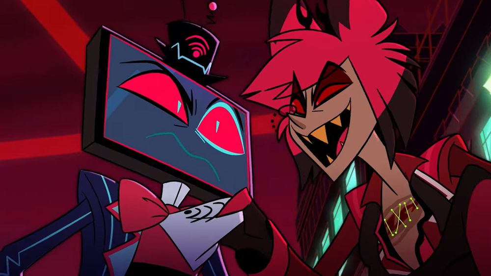 Seeing Alastor's chest wound, Alastor pulls at Vox's shirt, eager to fight.