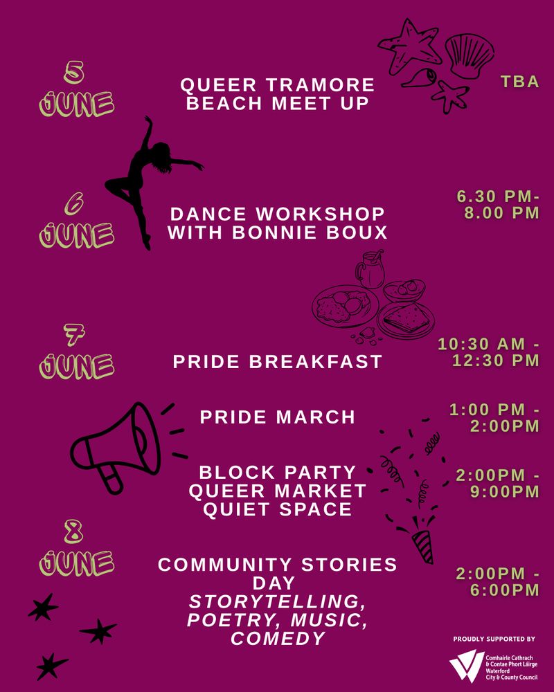 Slide 3:
June 5th, Queer Tramore beach meetup, time TBA
June 6th, Dance workshop with Bonnie Boux from 6.30PM-8.00PM
June 7th, Pride breakfast from 10.30AM-12.00PM. Pride March 1.00PM-2.00PM. Block Party, Queer Market and Quiet space 2.00PM-9.00PM
June 8th, Community stories day: storytelling, sharing spoken word, music & comedy from 2.00PM-6.00PM
