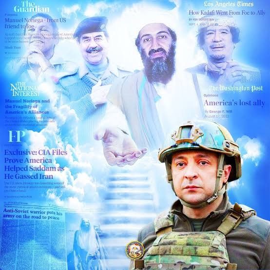 meme que é o zelesnky na frente com uniforme militar e atrás dele tem uma espécie de escada e acima pessoas como osama bin laden, manuel noriega, saddam hussein e muammar kadafi. todos eles já foram aliados ou bem vistos pelos eua até não serem mais 