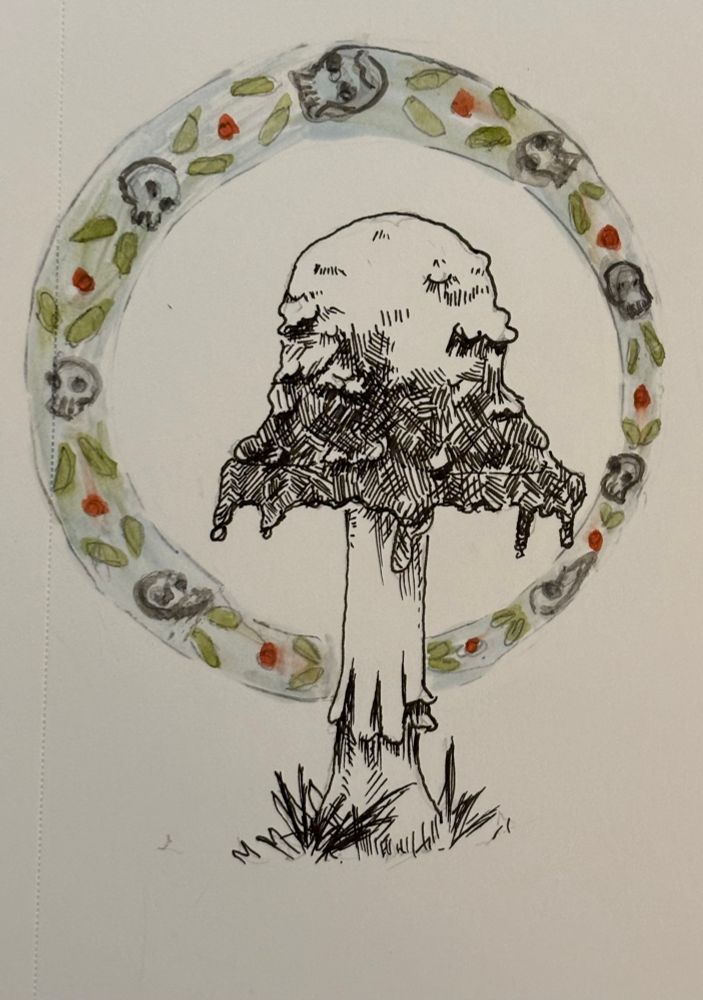 Ink drawing of a mushroom with a watercolour skull and leaf halo. 

