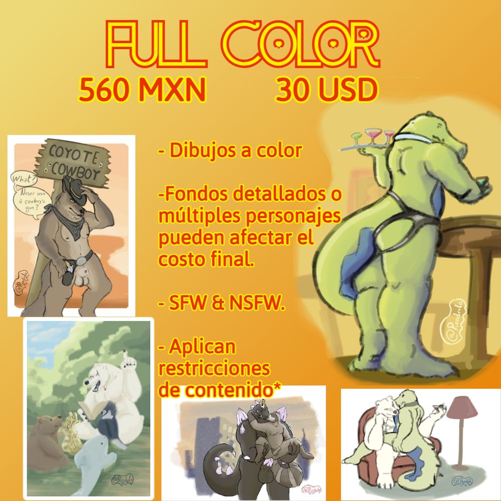 Comisiones abiertas!
Full Color

Dibujos a color y con detalles a gusto.
Fondos detallados pueden afectar el precio.
Aplican restricciones de contenido.