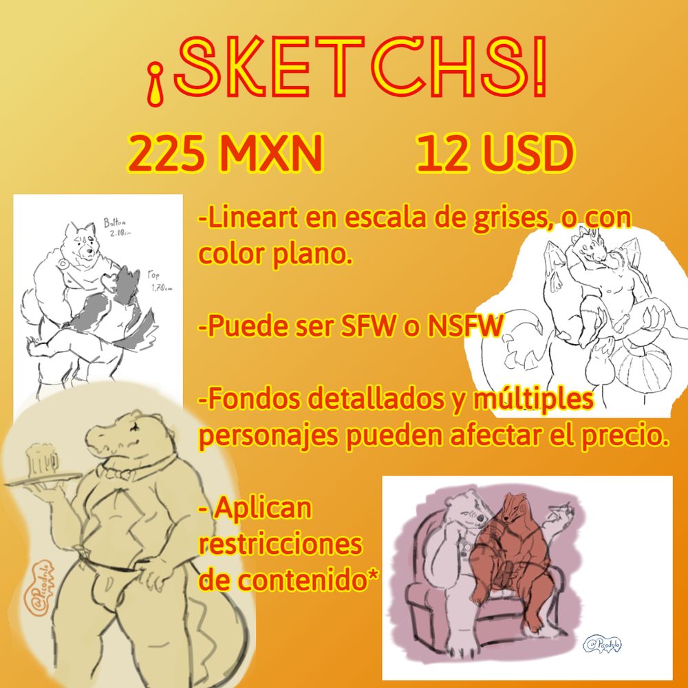 Comisiones abiertas!
Sketches o Bosquejos

Lineart limpio, en escala de grises, o con colores planos.
Fondos detallados pueden afectar el precio.
Aplican restricciones de contenido.