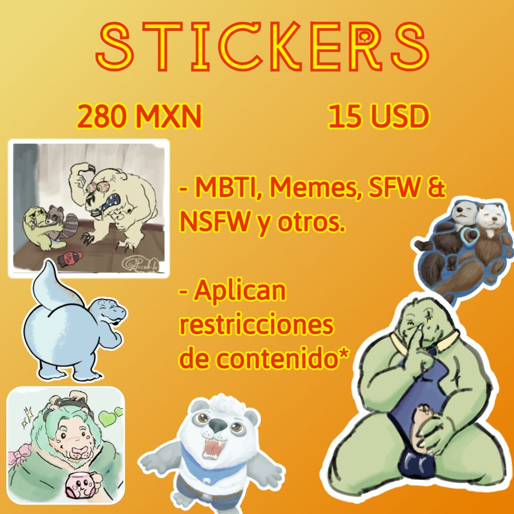 Comisiones abiertas!
Stickers

Stickers SFW y NSFW
Aplican restricciones de contenido.