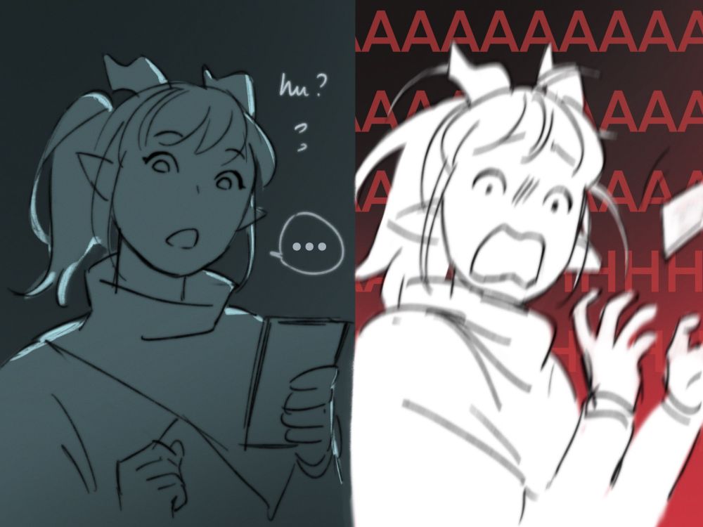 (Adding this as a qrp so people can see it, because I think I was very funny with this artwork and I want the validation)

Two panels. In the first a person is holding a phone, looking down, saying "hu?" And "...". In the next panel they are screaming, their phone being yeeted out of existence.