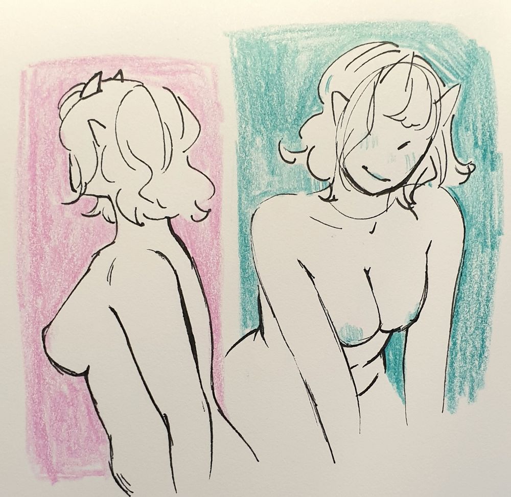 A photo of two traditional fineliner sketches of a naked Tiefling woman. You can see her from the waist up, one is in a profile look, the other faces towards the viewer