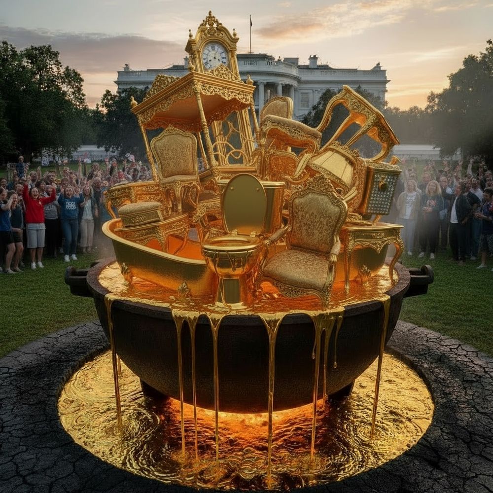 A massive black cauldron sits outdoors, overflowing with molten gold. Inside, ornate golden furniture and objects, including armchairs, a bathtub, a grandfather clock, and a solid gold toilet, are melting and dripping liquid gold down the sides. A cheering crowd watches in the background, with the White House visible behind them at sunset.