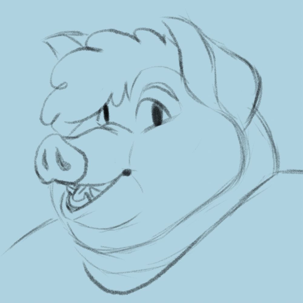 Sketch of a chubby pig anthro with fluffy hair 