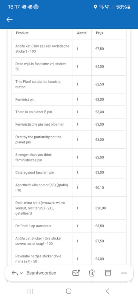 Screenshot van mijn bestellingaoverzicht bij www.rodelap.nl
De items vallen in de categorieën antifa, feminisme en antizionisme.